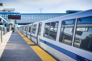 November 19, 2017 Oakland/CA/USA - BART train ready to depart from Coliseum BART stop, east San Francisco bay area